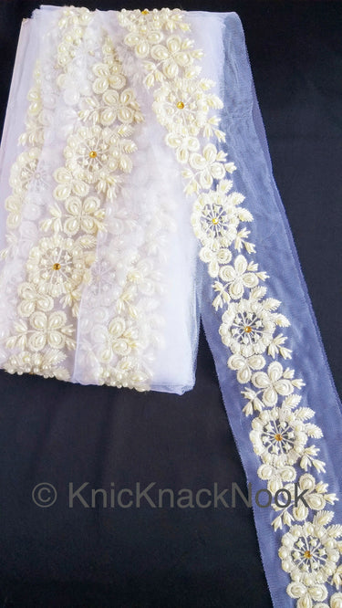 White Pearl And Rhinestones Beads Net Lace Trim, Floral Trim, One Yard